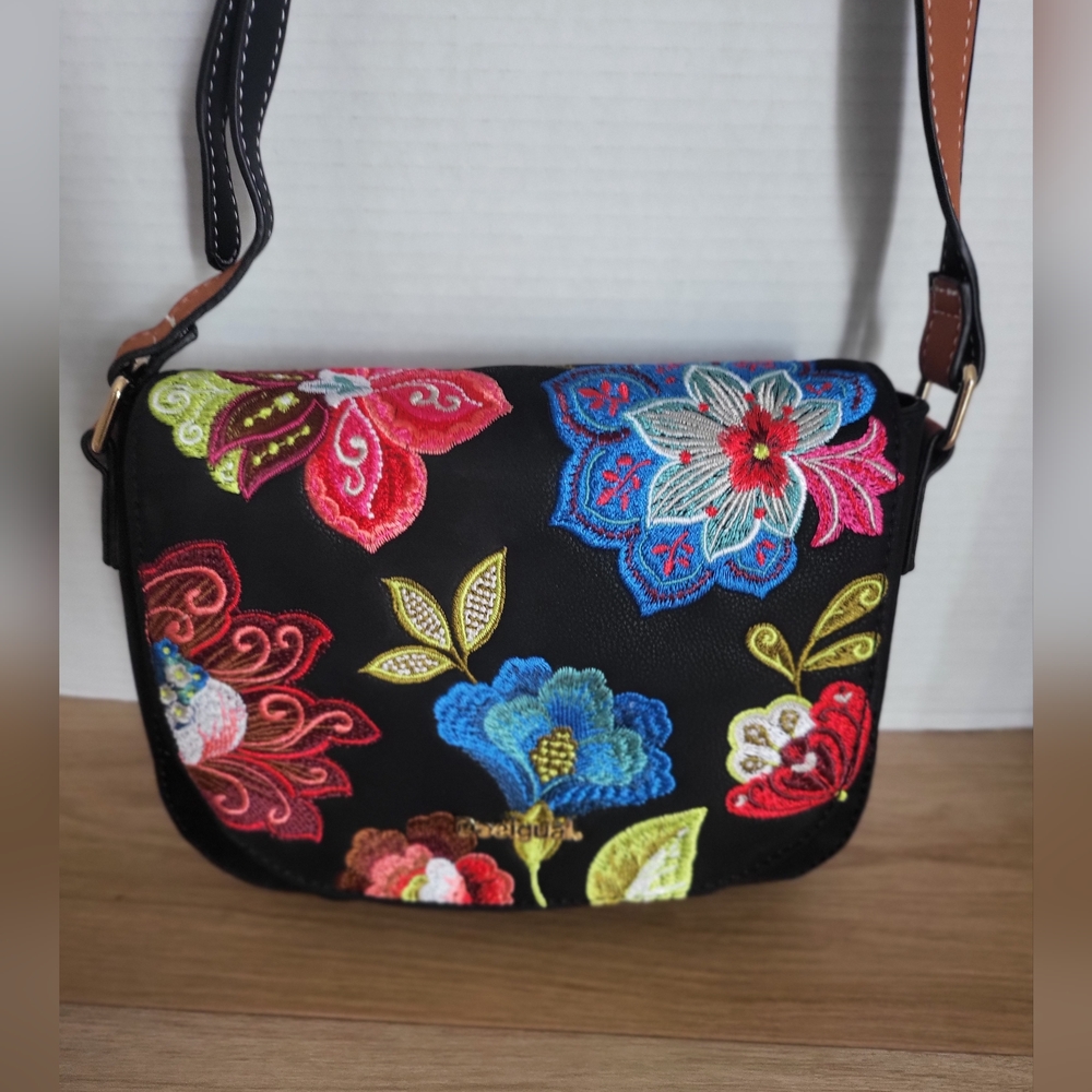 Desigual Embroidered Floral Black Crossbody Bag